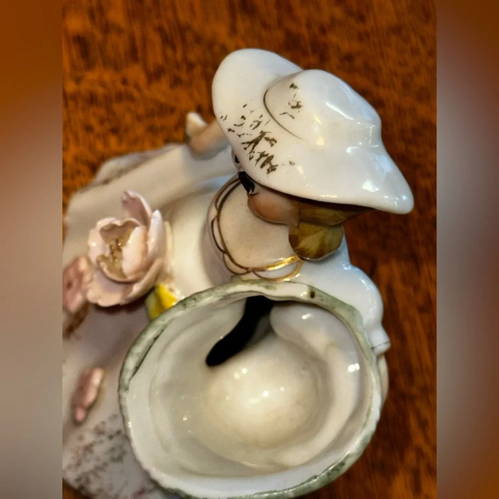 Vintage Porcelain Bud Vase Lady in Dress Eyelashes Pink Flowers Raised Relief
